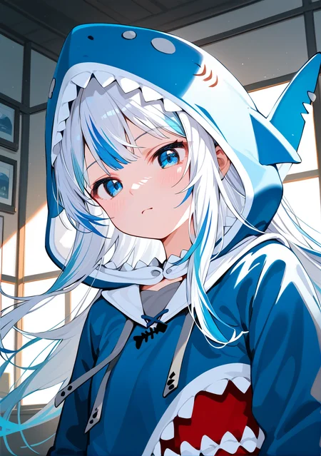 masterpiece,best quality,score_9,score_8_up,score_7_up,best quapoty,highres,absurdres,source_anime,indoors,<lora:NAI:0.4>,NAI_style,<lora:gawr_gura_(1st_costume):0.8>,close-up,upper body,indoors,gawr_gura_(1st_costume),(1girl:1.1),solo,multicolored hair,shark hood,