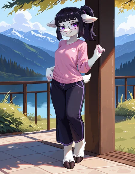 masterpiece, best quality, very aesthetic, absurdres,
outdoors,
full body, seductive smile, parted lips, long eyelashes,
<lora:Tala_v01_NAIXL:1>
T4l4,1girl,solo,furry,furry female,black hair,animal ears,ponytail,blunt bangs,purple eyes,glasses,snout,animal nose,body fur,white fur,tail,hooves,