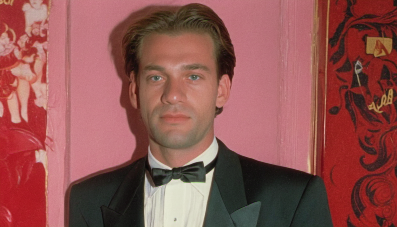 portrait photo of a german man outside a night club, morning, 1990, tuxedo, suit,  <lora:badquality_v02:1> bad quality