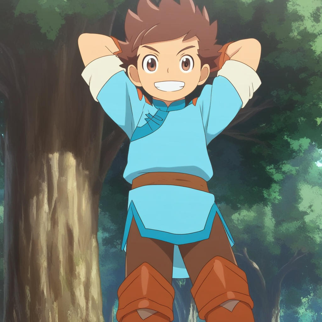 score_9, solo, lu_mhs, 1boy, brown hair, brown eyes, shirt, pants, belt, boots, hands behind head, looking at viewer, grin, tree