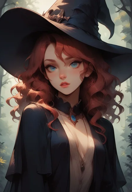 score_9, score_8_up, score_7_up, detailed, 1girl, Ianmae, blue eyes, medium hair, witch hat, black robes, long sleeves, long gloves, forest, volumetric lighting