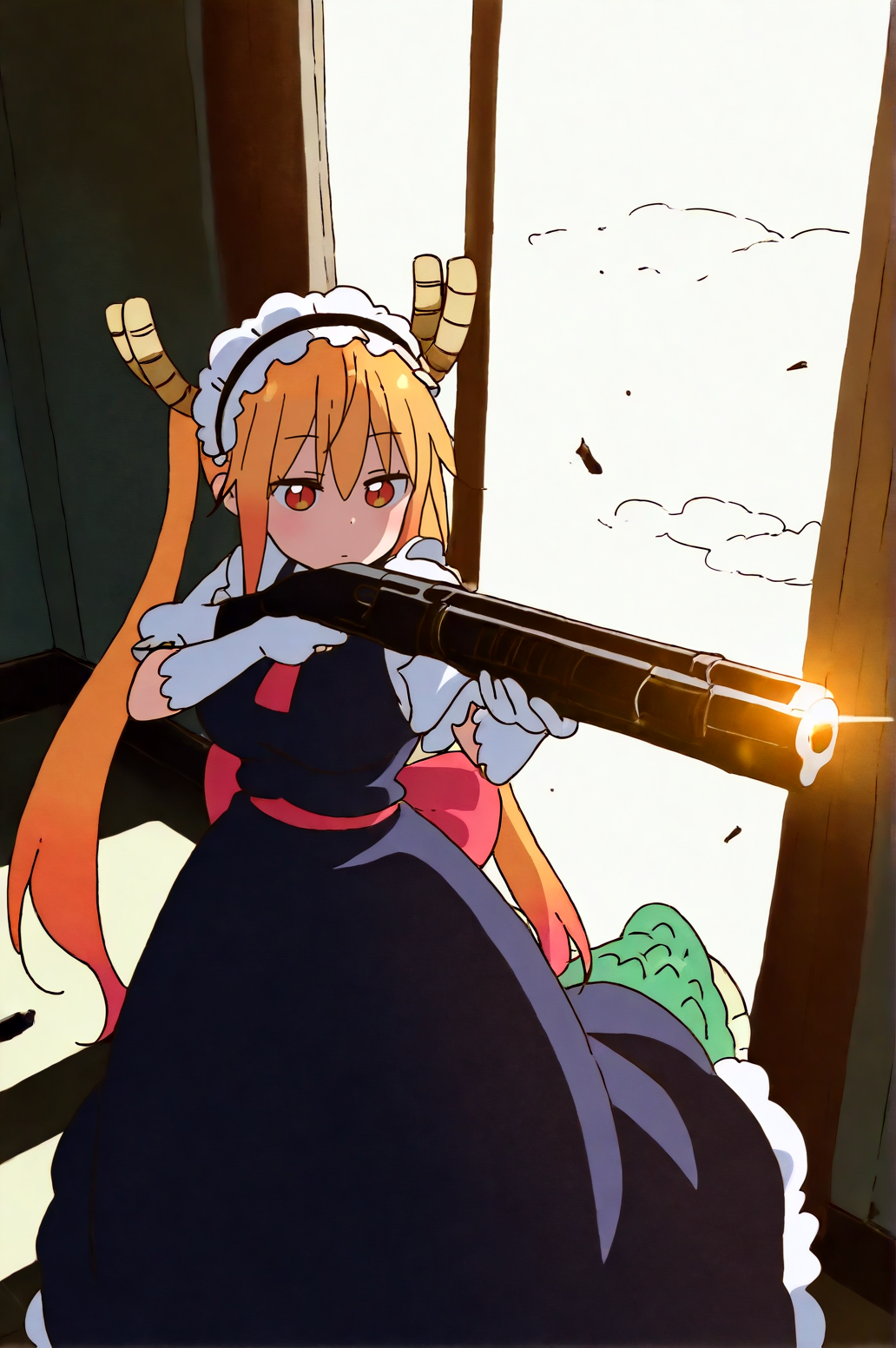 masterpiece, best quality, dark grey background, indoors, cinematic lighting, lens flare, flying debris, dust, smoke, amazing quality, very aesthetic, absurdres, best quality, newest, year 2023,  Tohru, Main Outfit, solo, expressionless, aiming tactical shotgun, thigh gun holster, aim, dynamic pose,   <lora:JN_Tohru_Illus:0.8>