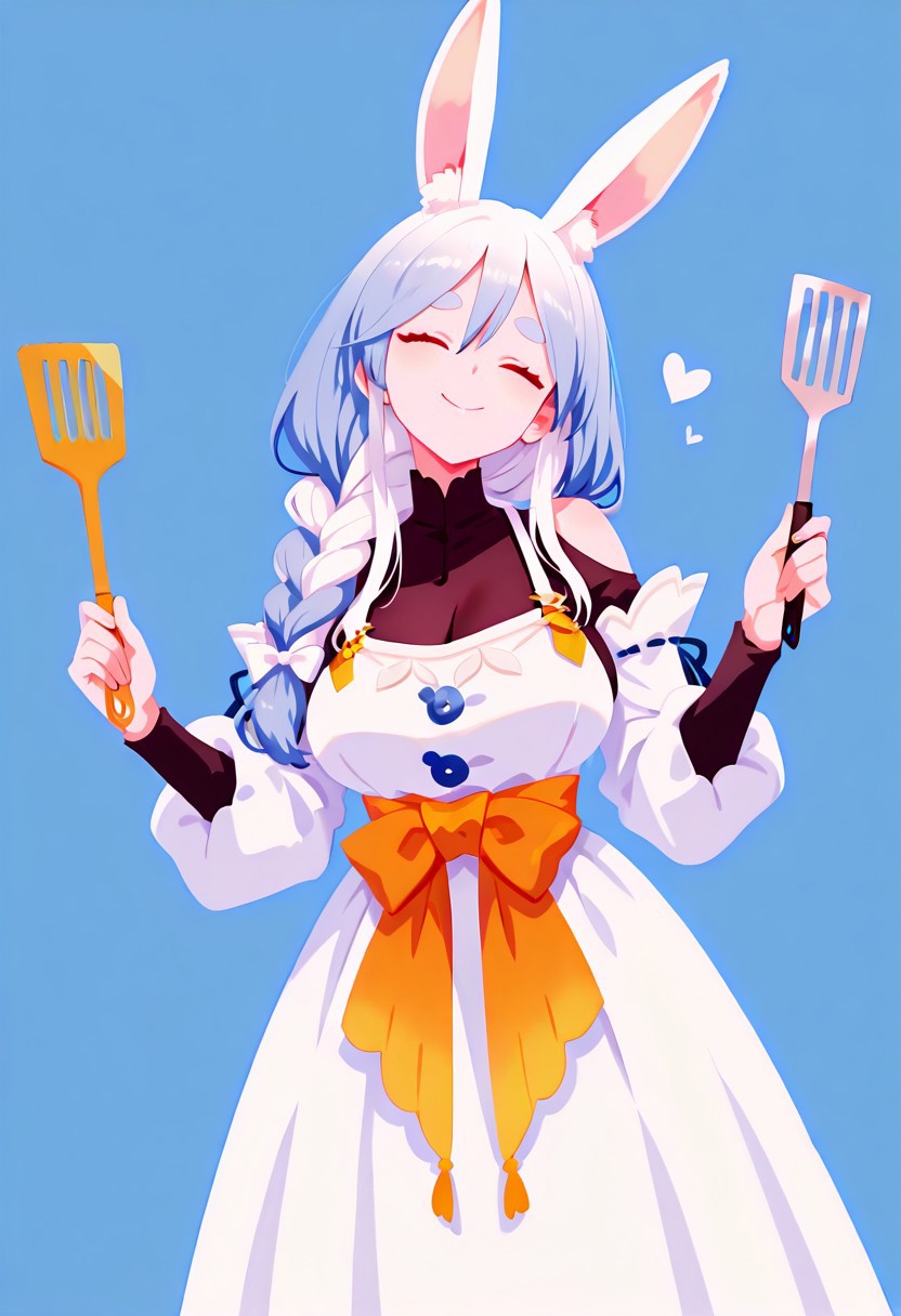 masterpiece,best quality,amazing quality, solo, p4k0mm, closed eyes , smile,rabbit girl, animal ear fluff, large breasts, red eyes, short eyebrows, thick eyebrows, multicolored hair, blue hair, white hair, long hair, hair between eyes, braided ponytail, white hair bow,holding a Spatula,bodystocking, shoulder cutout, white dress, long dress, see-through cleavage, dress bow, orange bow, detached sleeves, 
simple background, blue background,love symbol,haiz_ai, no lineart,no outline ,<lora:ponyv6_noobE11_2_adamW-000017:0.3> <lora:MeMaXL4:0.8> <lora:veluflora-wai:0.4> <lora:haiz_ai_illu:0.7>,
