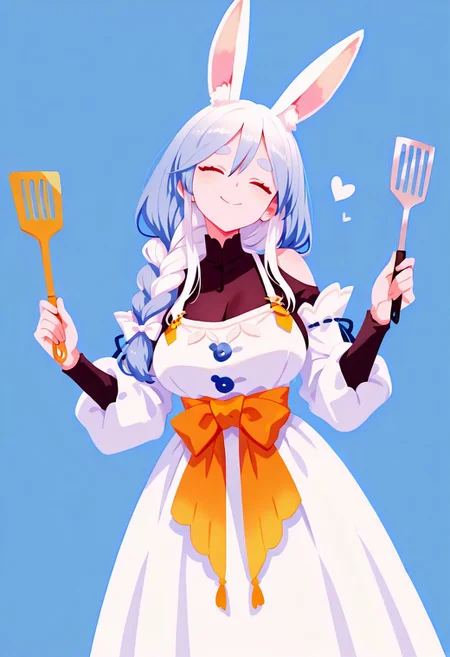 masterpiece,best quality,amazing quality, solo, p4k0mm, closed eyes , smile,rabbit girl, animal ear fluff, large breasts, red eyes, short eyebrows, thick eyebrows, multicolored hair, blue hair, white hair, long hair, hair between eyes, braided ponytail, white hair bow,holding a Spatula,bodystocking, shoulder cutout, white dress, long dress, see-through cleavage, dress bow, orange bow, detached sleeves,
simple background, blue background,love symbol,haiz_ai, no lineart,no outline ,<lora:ponyv6_noobE11_2_adamW-000017:0.3> <lora:MeMaXL4:0.8> <lora:veluflora-wai:0.4> <lora:haiz_ai_illu:0.7>,