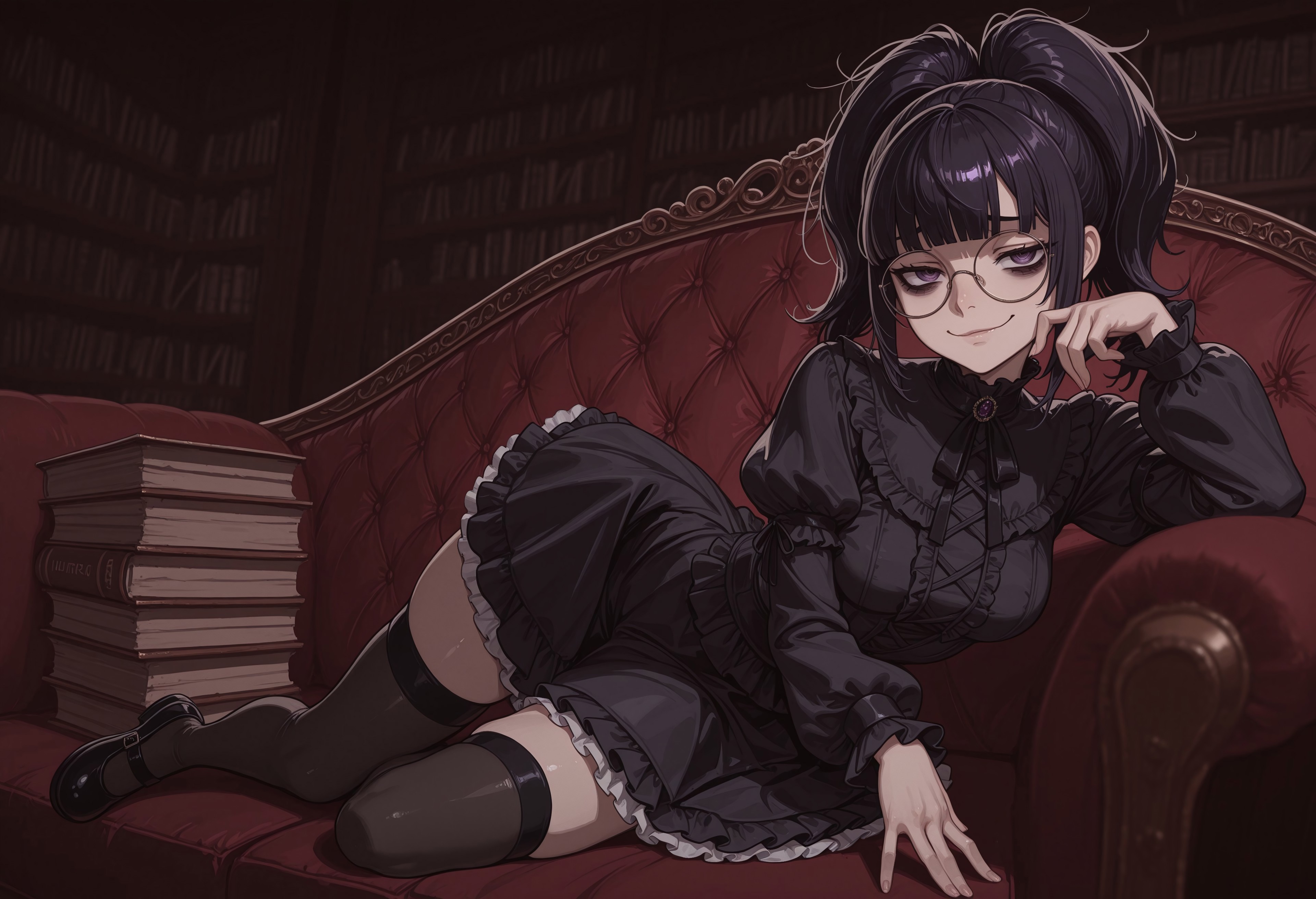 1girl, solo, dark purple eyes, bags under eyes, looking at viewer, smug, round glasses, upturn nose, black hair, glossy hair, glossy lips, twintails, blunt bangs, gloomy, medium breasts, messy hair, high ponytail, puritan collar, black dress, frilled blouse, miniskirt, petticoat, long sleeves, puffy sleeves, black thighhighs, mary janes, lying on victorian sofa, lying on side, tufted upholstery, seductive pose, full body, dilapidated house, gothic, book stack, bookshelf, dark, masterpiece, best quality, very aesthetic, absurdres, murky, depth of field, blurry, vignetting, chiaroscuro, hard shadows, low gamma, Expressiveh