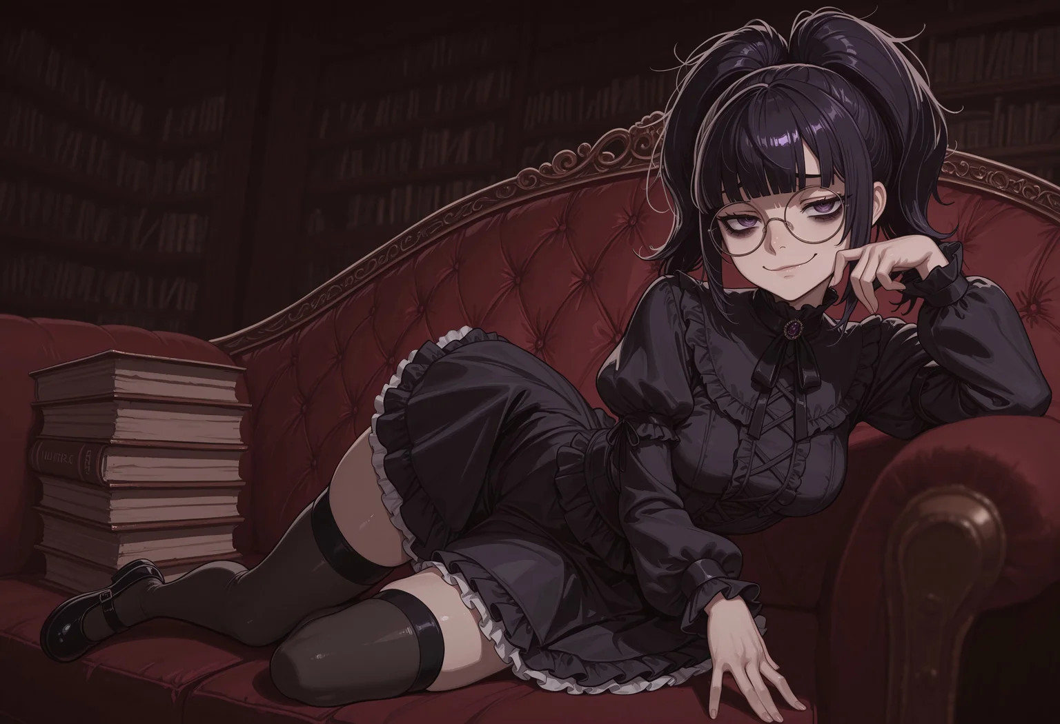 1girl, solo, dark purple eyes, bags under eyes, looking at viewer, smug, round glasses, upturn nose, black hair, glossy hair, glossy lips, twintails, blunt bangs, gloomy, medium breasts, messy hair, high ponytail, puritan collar, black dress, frilled blouse, miniskirt, petticoat, long sleeves, puffy sleeves, black thighhighs, mary janes, lying on victorian sofa, lying on side, tufted upholstery, seductive pose, full body, dilapidated house, gothic, book stack, bookshelf, dark, masterpiece, best quality, very aesthetic, absurdres, murky, depth of field, blurry, vignetting, chiaroscuro, hard shadows, low gamma, Expressiveh