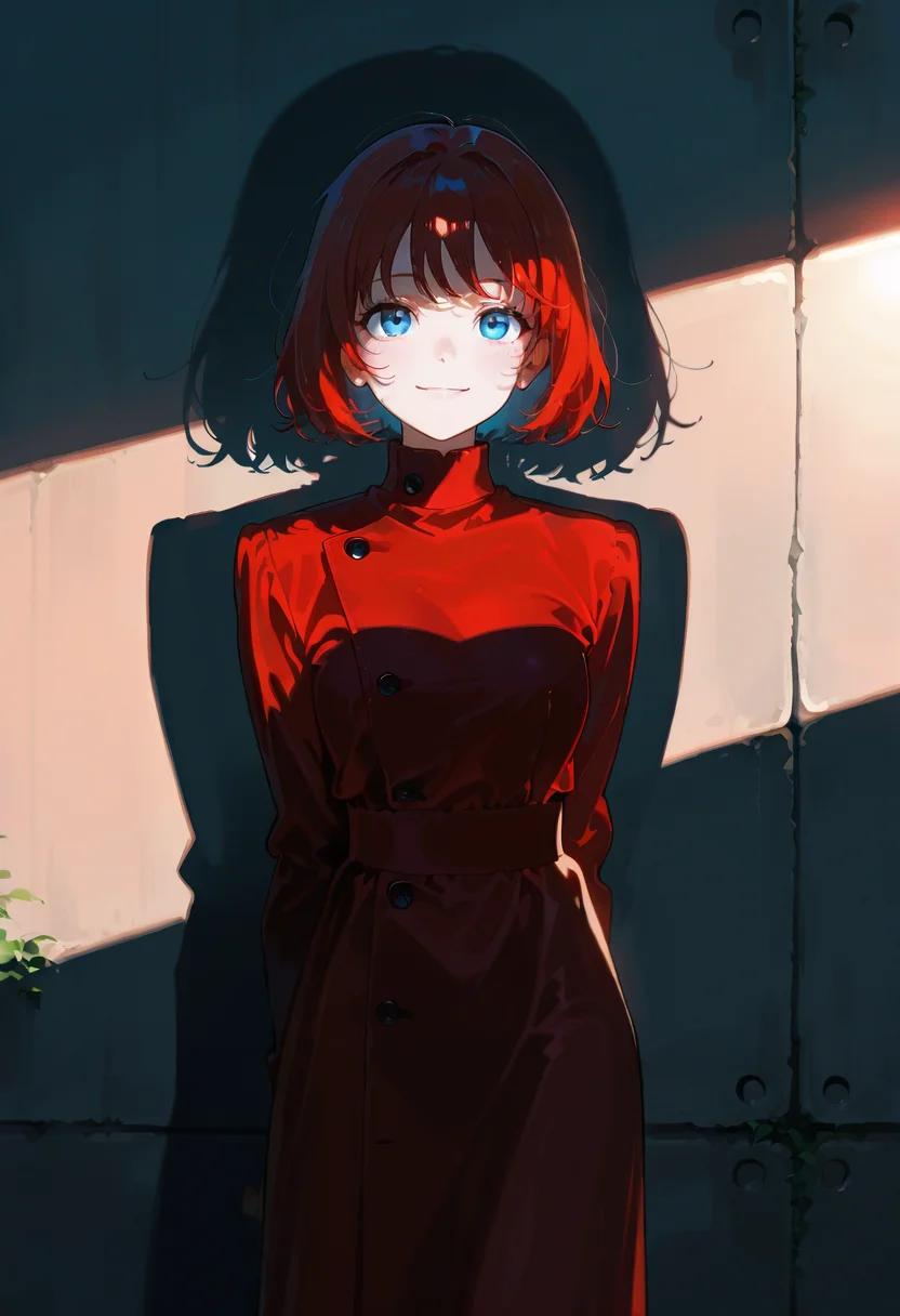 gobo lighting, shadow, smiling, short_hair, blue_eyes, red_dress, standing, outdoors