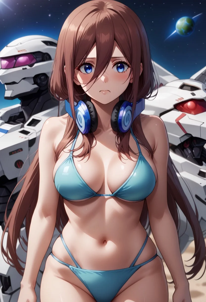 miku nakano, long hair, bangs, blue eyes, brown hair, wearning swimsuit aramor, mecha, sifi, hair between eyes, headphones, headphones around neck, space, bikini armor