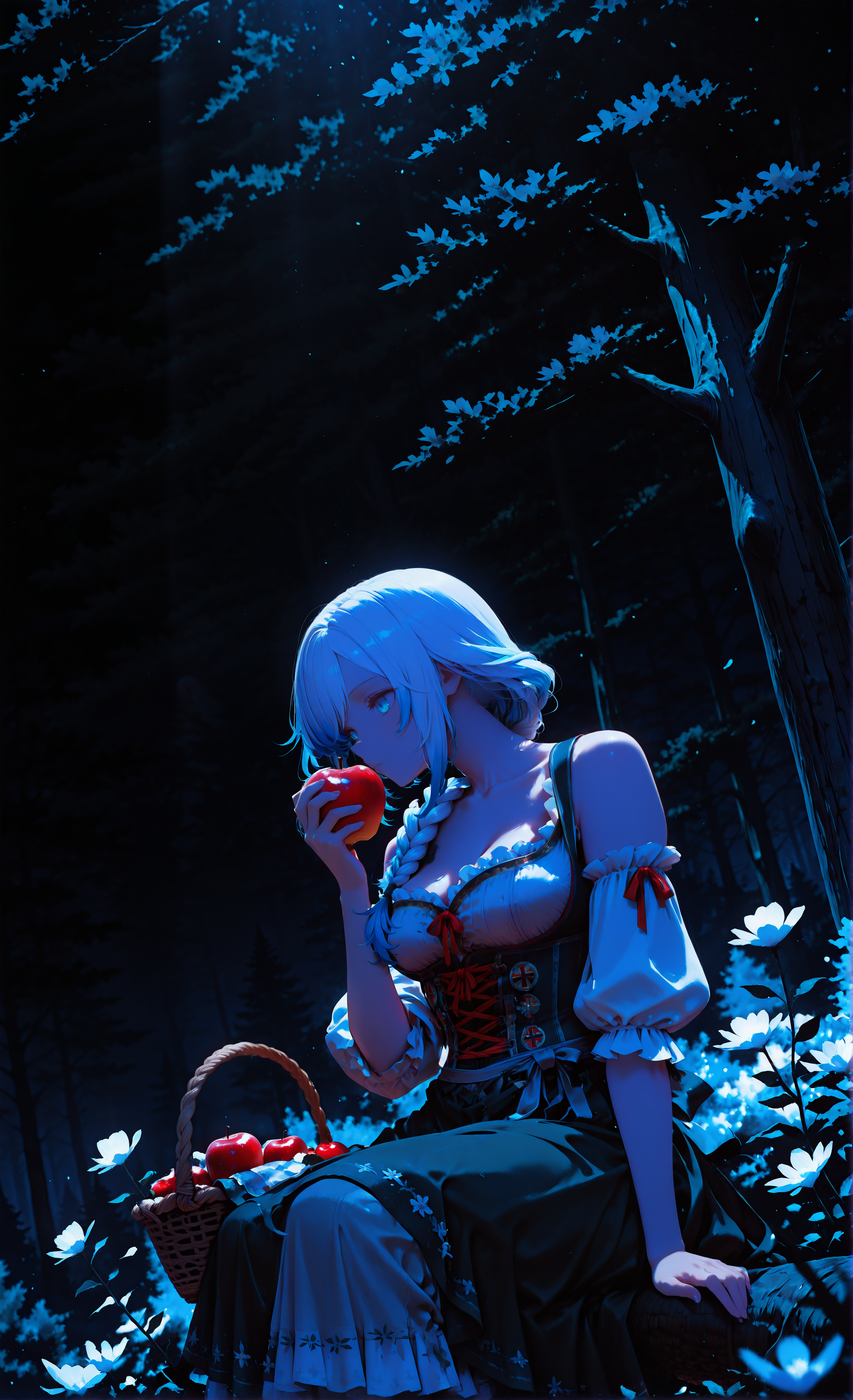 masterpiece, sharp detail, intricate detail, hair shader, 1girl, <lora:Lyarah:0.6> white hair, blue eyes, lyarah, blue hair tips, medium breasts, holding, ribbon, bare shoulders, standing, collarbone, long braid, flower, short sleeves, outdoors, cowboy shot, frills, detached sleeves, hair over shoulder, nature, corset, white sleeves, basket, cross-laced clothes, german clothes, bodice, dirndl, dynamic angle, holding apple, thinking, from side, head on knee, dark background, high contrast, spotlight effect, cinematic lighting, dark forest, trees, deep night, sitting on branch,  <lora:illustriousXL_stabilizer_v1.72:0.6> <lora:darkness_xl_v20:0.5> <lora:0__11Xx:0.6> 0__11Xx_illu,