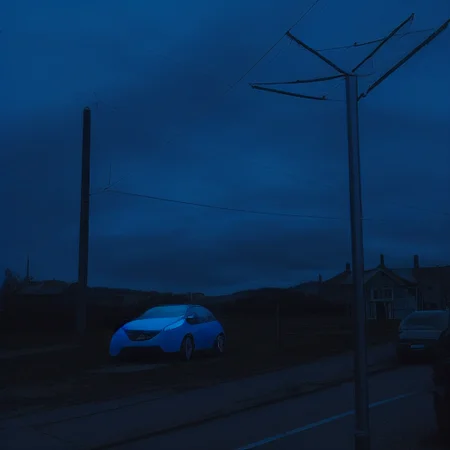sky, blue theme, lamppost, scenery, grey sky, house, car, road, window, umbrella, cloud, power lines