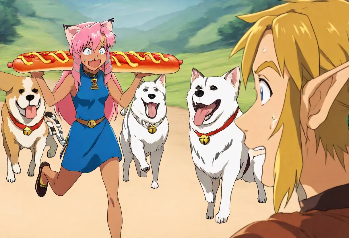 Maaterpiece, best quality, amazing quality, duo,Pink_DragonPink, 1girl, hotdog costume, cat ears, cat bell necklace, pink hair, tanned, white tiger tail, small breasts, leather shoes, masterpiece, very aesthetic, <lora:pink-illustrious:1>, yelling, wide eyes, single fang showing, sweat drop on forehead Break 1boy,Anime screencap,link (zelda),blonde hair,blue eyes,pointy ears,low ponytail,sidelocks wearing blue tunic, Break Forest in sunny day, clearing, girl_with_cats, dog, animal, <lora:girl_with_cats:0.6>,multiple dogs, dogs running, dogs jump, girl surrounded by many dogs, dogs barking, pink running from wild dogs a fast as she can, running, full speed, leaning forward, link looking confused in background, link eating hot dog, side view, zoom out, <lora:hotdog-costume-illustriousxl-lora-nochekaiser:1>, hotdog costume, food, hot dog, ketchup, oversized food, costume, hands up, pink wearing hotdog costume, whimsical, comical