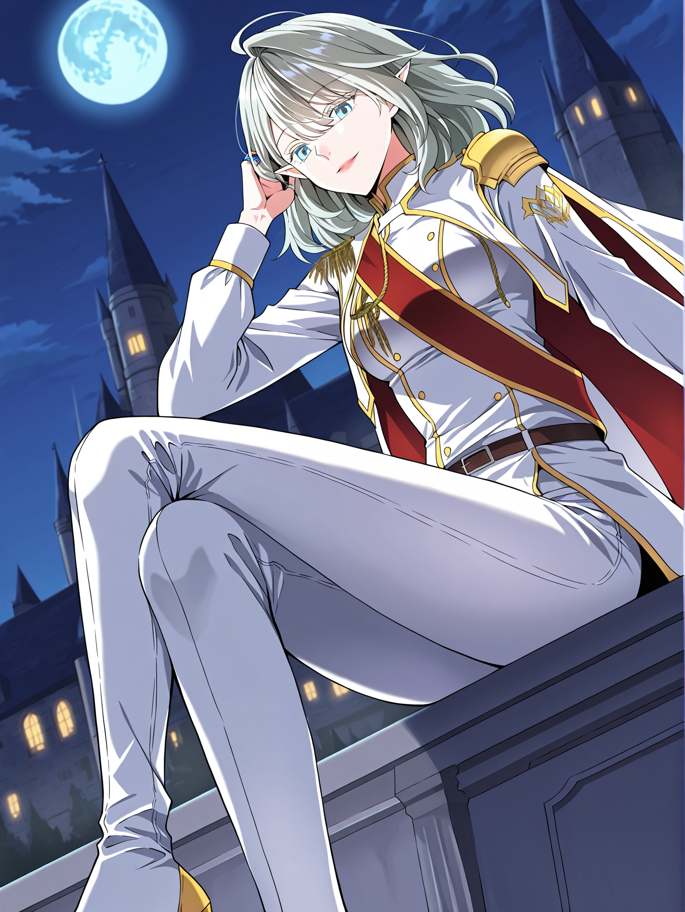 <lora:Alea_Triscan__The_Beginning_After_the_End__Illustrious:1>
1 girl, solo, elf, pointy ears, light blue eyes, grey hair, medium hair, hair behind ear, hair between eyes,ahoge,  military uniform, white cape, epaulettes, ring, jewelry, white pants, long sleeves, white thigh boots, thighhighs, high heels, belt, white jacket, red sash
score_9, score_8_up, score_7_up, very aesthetic, source_anime, detailed, high quality, beautiful, masterpiece, detailed eyes, castle, village, blurry background, cityscape, pose dynamic angle, light smile, open mouth, hand on hair, sitting, night, blue moon,