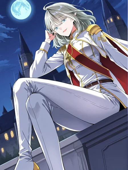 <lora:Alea_Triscan__The_Beginning_After_the_End__Illustrious:1>
1 girl, solo, elf, pointy ears, light blue eyes, grey hair, medium hair, hair behind ear, hair between eyes,ahoge, military uniform, white cape, epaulettes, ring, jewelry, white pants, long sleeves, white thigh boots, thighhighs, high heels, belt, white jacket, red sash
score_9, score_8_up, score_7_up, very aesthetic, source_anime, detailed, high quality, beautiful, masterpiece, detailed eyes, castle, village, blurry background, cityscape, pose dynamic angle, light smile, open mouth, hand on hair, sitting, night, blue moon,
