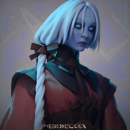 score_9, score_8_up, score_7_up, masterpiece, high detail, 1girl, vindicta, blue skin, blue eyes, white hair, short hair, long ponytail, solo,long hair, braid, very long hair, dress, white hair, triangle mark on forehead,