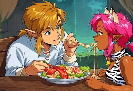 score_9, score_8_up, score_7_up, score_6_up, 1990s_(Style), Anime_Coloring, masterpiece, source_anime screenshot, duo, 1 girl, 1 boy, vivid colors, anime style, cartoon anime, source_anime, high-res, beautiful aesthetic, very intricate, high-quality details, vibrant, highly detailed, award-winning, professional, sleek and shiny, <lora:pink-ponyxl-v2:1>, : 3 smile, single fang showing, sleeveless dress, white tiger print dress, pelvic curtain, cleavage, white cat ears, cat bell necklace, bright pink hair, long hair, tanned, white tiger tail, red sash, small breasts, leather shoes, detailed eyes, green eyes, detailed face BREAK score_9, score_8_up, score_7_up, score_6_up, Masterpiece, source_anime, anime style, 1 girl, 1 boy, vivid colors, high-res, beautiful aesthetic, very intricate, high-quality details, vibrant, highly detailed, award-winning, professional, <lora:link:1> link1, link, pointy ears, blonde hair, blue eyes, medium hair, side locks, earrings, short ponytail, blue hylian tunic, break, pink and link at an outdoor restaurant sitting at a table eating pasta, pink and link eating the same single strand of pasta and closing in for a kiss, pink and link looking into each other's eyes, front view, happy, whimsical