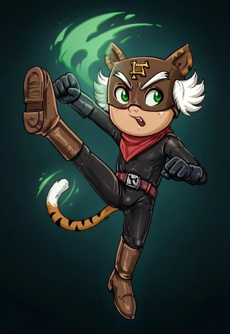 score_9, score_8_up, score_7_up, MidnightDexy, 1boy, solo, male focus, El_Tigre, Mask, Green Eyes, white sideburns, Freckles, Cat Ears, Black Bodysuit, belt buckle, brown boots, Red Bandana around neck, black Gloves, tail, green aura, jumping kick, kicking, from below, jumping, foot focus