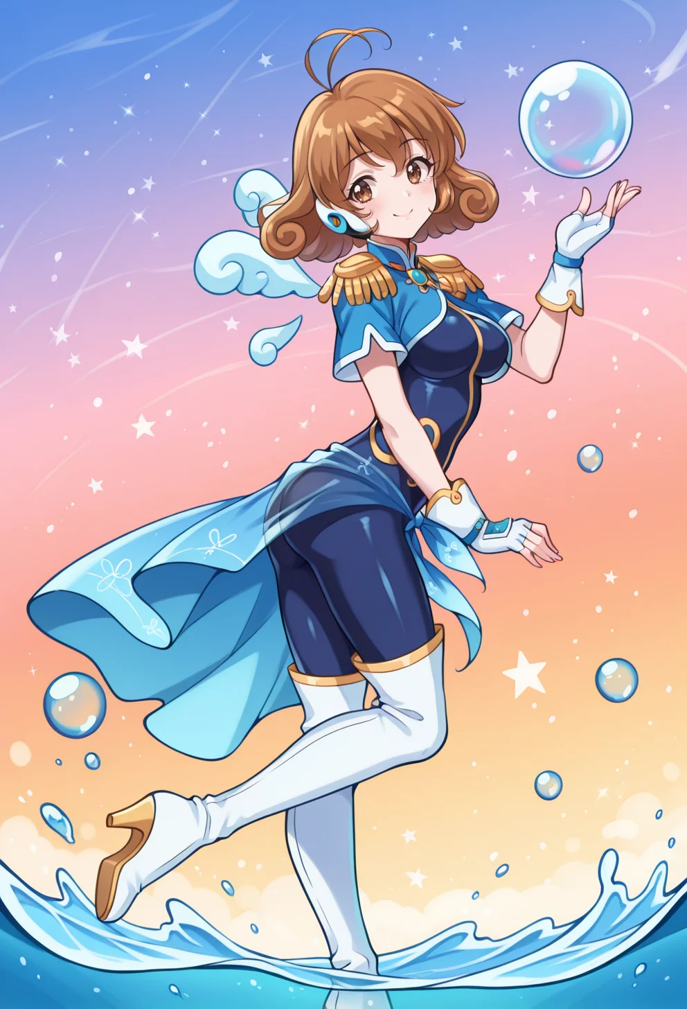 masterpiece, best quality, high quality, anime, <lora:AEYui_1:1>
AEYuiWater, brown eyes, brown hair, curly hair, short hair, aiguilette, blue bodysuit, epaulettes, fingerless gloves, short sleeves, white gloves, sarong, white footwear, thigh boots, knee boots, high heel boots, wings,
smile, sea, bubble, wading, twisted torso,