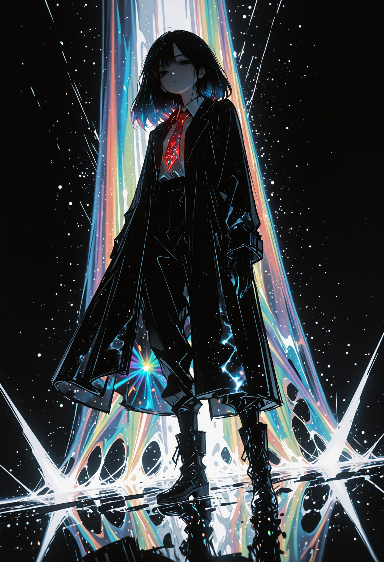 masterpiece, detailed_eyes, high_quality, best_quality, highres, absurdres, 8k, subject_focus, depth_of_field, 
1girl, solo, close-up face, long black hair with subtle cosmic shimmer, black eyes with deep void-like glow, red necktie, collared shirt, black long coat with slight cosmic patterns, gloves, black pants, black boots, standing pose, neutral expression, bright ethereal background, soft ambient glow, dreamy light rays, cinematic lighting, high dynamic range, glowing highlights, surreal luminous aura, rich cinematic depth, soft volumetric light, subtle light particles floating, contrast between dark outfit and luminous surroundings.,dispersion_effect, HDR_effect, spectra_effect, rainbow_prism, colored_highlights, sketch, cinematic angle, 
 <lora:748cmSDXL:0.5> <lora:ma1ma1helmes_b:0.5>  <lora:re4lity:1>  <lora:ponyv6_noobV1_2_adamW:0.9>