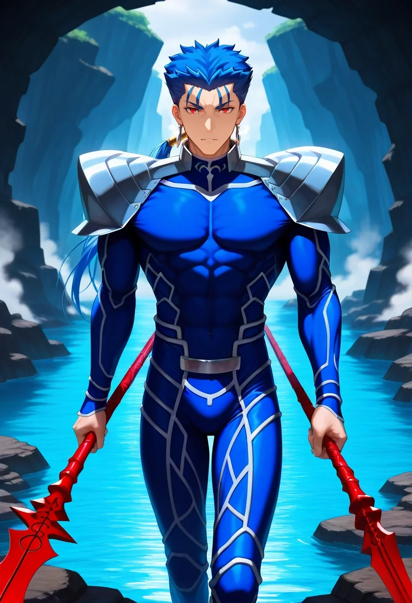 masterpiece, best quality, , (3d:0.4), looking at viewer, 1boy, solo, male focus, <lora:lancer_fsn_ilxl:0.94>, lancer_fsn, cu chulainn \(fate\), blue hair, red eyes, long hair, ponytail, spiked hair, , armor, shoulder armor, pauldrons, weapon, polearm, spear, holding, holding weapon, holding polearm, volcanic pools, steam vents, colored water, rocky terrain, testing temperature, careful expression, afternoon,