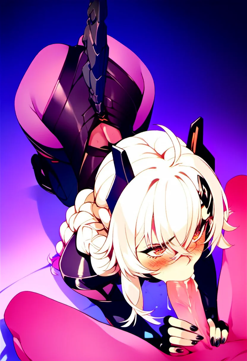 source_ cartoon, <lora:Saruei_for_PonyXL:1>, saruei, 1girl, mechanical tail, penis, 1boy, hetero, uncensored, black nails, precum, tail, solo focus, braid, erection, ass, gloves, ahoge, hair between eyes, nail polish, bangs, fingerless gloves, blush, mechanical ears, bodysuit, all fours, hair ornament, blowjob, white hair, score_9, score_8_up, score_7_up, score_6_up, score_5_up, score_4_up