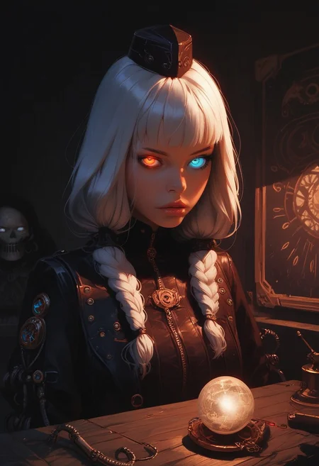score_9, score_8_up, score_7_up, score_6_up, raw, realistic, photo, photorealistic, score_9, score_8_up, white hair, heterochromia glowing eyes blue and green, steampunk_costume, leather corset, cylinder hat with neon glow, steampunk, magick, hairstyle pigtails, young girl, hud_cryst4l_b4ll, upper body, orb, table, glowing, crystal ball, orb, upper body, table, detailed frontal lighting, clear image, shadow, tarot card shop, jumpsuit uniform, g0thicPXL, glowing, neon, reelmech, mechanical parts, cable, wires, machinery, joints, body suit, Expressiveh, illustration,