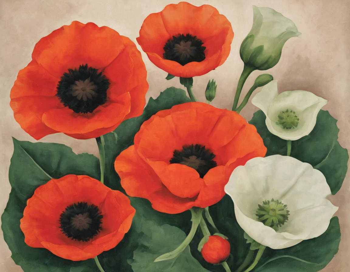 <lora:okfe:0.8>okfe, poppy flowers and datura flowers growing together