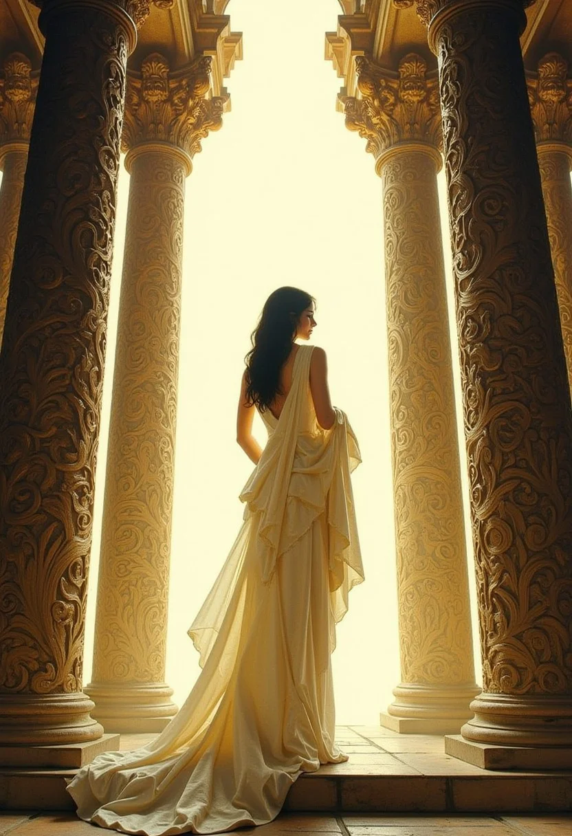 jcleyen1 painting.
ridley scotts cinematic interpretation of a primordial goddess in her runic palace.
she stands sublime and elegant, towering over her legacy. a weightless gown draping her body. her epic expansive throne room with massive pillars framing her ethereal presence. a light emanates from her, conveying her eternal power.
bright luminous lighting. ethereal atmosphere.