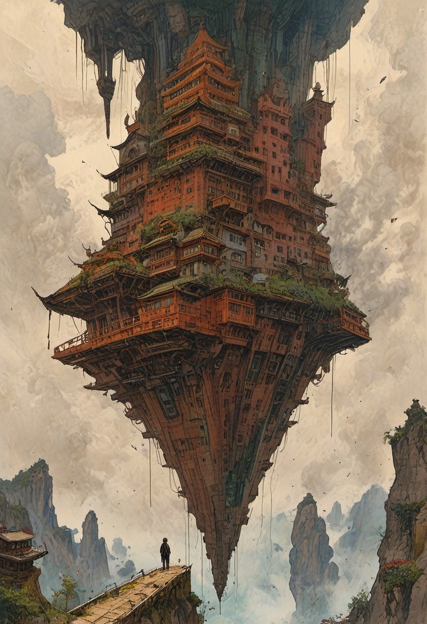 The composition includes  futuristic crystal skyscraper towering in the sky,  looking down on a suspended mid-air jet. create a sense of whimsy and mystery, evoking a cartoonish  in a desert,  Japanese animation, panoramic, engagement that reaches across a digital landscape. the bridge cybergoth fashion dog accounts for a small part of the picture,  existences in the background, towering mountains loom, all interwoven to create a sense of rhythm and flow.