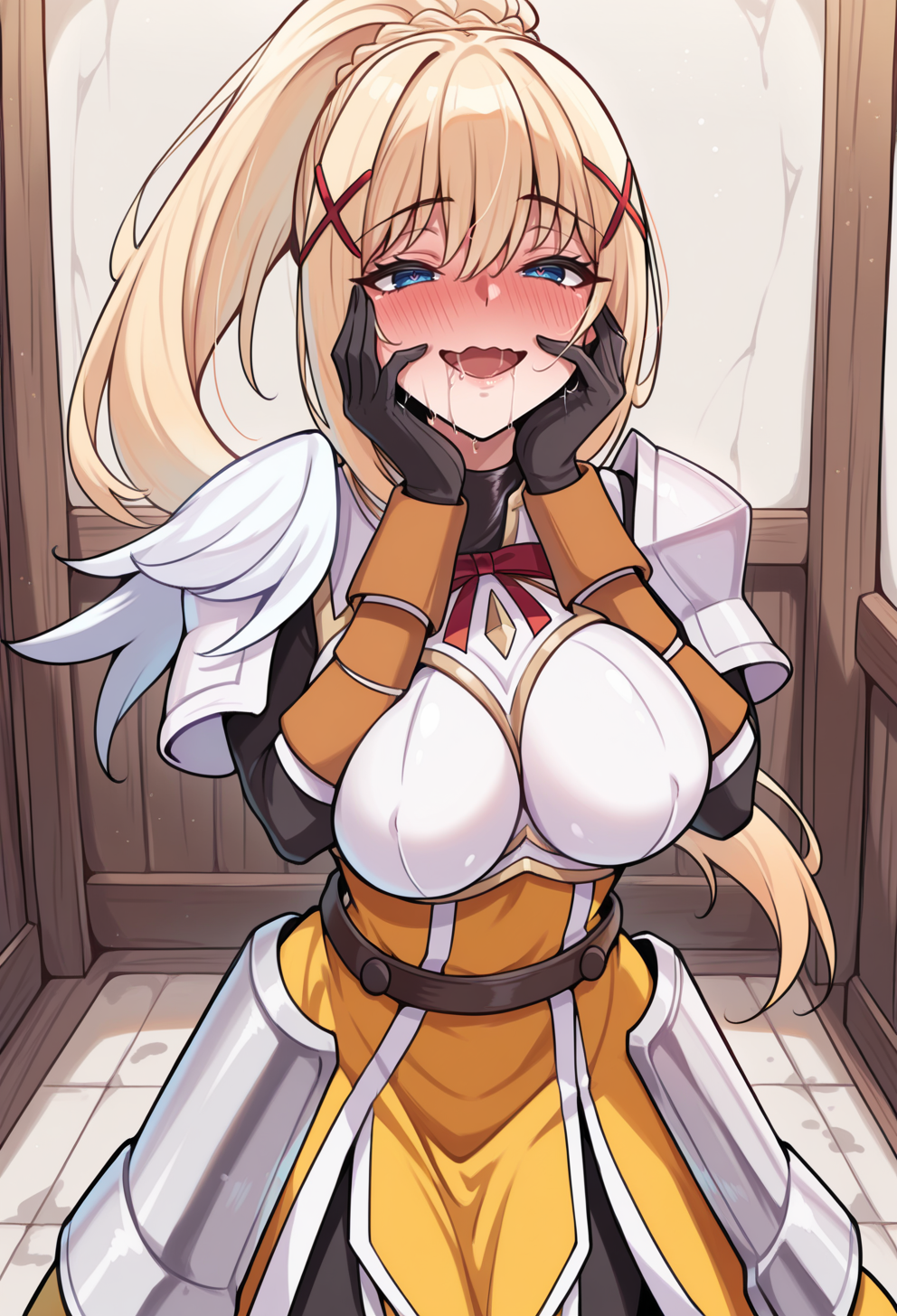 masterpiece, best quality, high quality, anime, <lora:AEDarknessIlx:1> AEDarknessDef, blonde hair, blue eyes, braid, hair between eyes, high ponytail, long hair, sidelocks, x hair ornamet, black bodysuit, armored dress, yellow dress, red ribbon, boobplate, shoulder armor, faulds, black gloves, belt, long skirt, armored boots,
full-face blush, hands on own cheeks, yandere trance, wavy mouth, smile, open mouth, saliva, indoors,