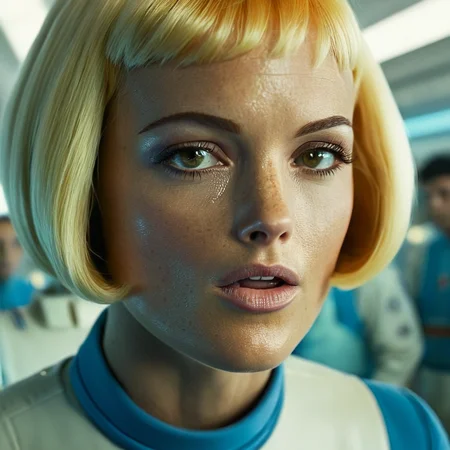 cinematic film still of <lora:detailed:1> perfect hands
<lora:perfection style:1>
<lora:Le Cinquieme Element style:0.1>
<lora:Air Hostess Flight attendant:0.9>
In futuristic 2263 Air Hostess Flight attendant a closeup of a 1960's classic woman with freckles and a short blond haircut looking at something with temptation,1girl,solo,brown eyes,closed mouth,mole,lips,looking to the side,looking away,portrait,close-up,realistic , 23rd century, realistic, cinematic, film, movie, sci fi, science fiction, action film, The Fifth Element style, Le Cinquieme Element style, perfect freckles, closeup, detailed beauty, shallow depth of field, vignette, highly detailed, high budget, bokeh, cinemascope, moody, epic, gorgeous, film grain, grainy
