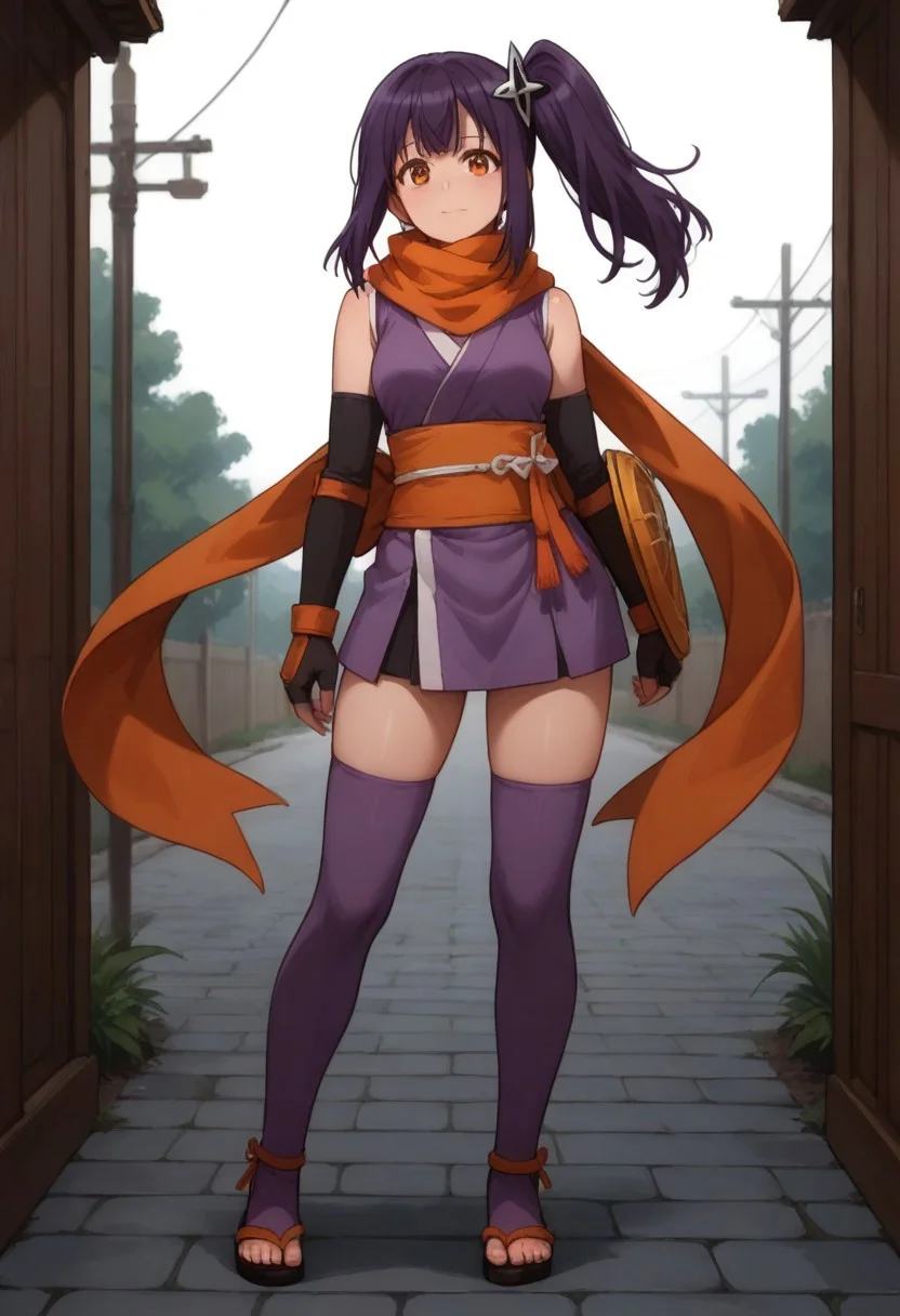 score_9, score_8_up, score_7_up, score_6_up, (1girl ), (solo),
BREAK,
HDA_MasterpieceXL_v.1,
BREAK
1girl: <lora:Satoko Kusagakure NTKNFN-V1>,Satoko Kusagakure,
purple hair, long hair, side ponytail,orange eyes,hair ornament,sidelocks,medium breasts,
BREAK
ninja, japanese clothes,short kimono, sleeveless, sash, scarf, purple thighhighs, sandals, fingerless gloves, elbow gloves,