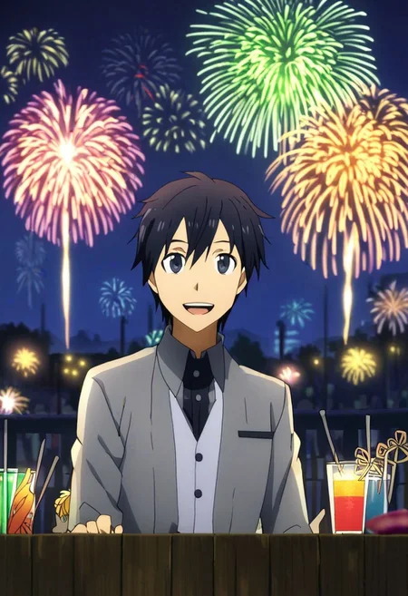 high resolution, professional photography, solo, best quality, 1Boy, Kazuto Kirigaya, Black Hair, Black Eyes, festivals, nights, fireworks, crowds, happy, OverallDetail