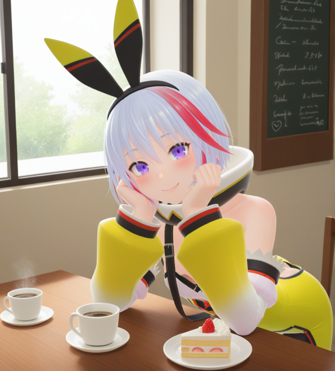 <lora:ãã©ã¼ã·ã¼foshi:1>,1girl, 
ãã©ã¼ã·ã¼(foshi),purple eyes,short hair,multicolored hair, white hair, red hair,streaked hair,side,sidelocks,bangs,
hairband, rabbit ears,
detached collar,
unitard,tailcoat,multicolored clothes,bare shoulders,off shoulder, strap,
cleavage,
butt crack,
detached sleeves,long sleeves, 
black pantyhose,
yellow boots,
blush, cafe, cake, cake slice, clenched hands, coffee, coffee mug, cup, food, glint, hands on own cheeks, hands on own face, head tilt, lens flare, looking at viewer, mug, sitting, smile, solo, sunlight, upper body, 
very awa, masterpiece, best quality, highres, absurdes,amazing quality,very aesthetic,intricate details, <lora:hand 5.5:1>