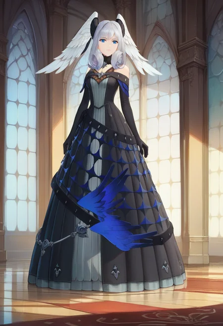 score_9, score_8_up, score_7_up, 1girl, solo, full body, standing, royal gown, black bodice, black skirt, black elbow gloves, gown accessory, hair ornament, melia antiqua, head wings, blue eyes, indoors<lora:xb3 melia xl 010 fro 995:1>