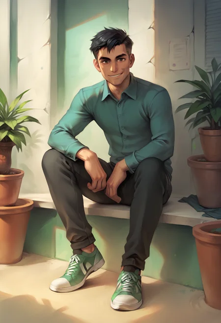 score_9, score_8_up, score_7_up, score_6_up, score_5_up, score_4_up, BREAK solo, 1boy, plant, shirt, male focus, shoes, black hair, pants, black pants, sitting, green footwear, collared shirt, potted plant, aqua shirt, blue shirt, shadow, long sleeves, looking at viewer, smile, short hair, green background, full body, green theme<lora:CALM_testXL_4image_125steps:0.8>