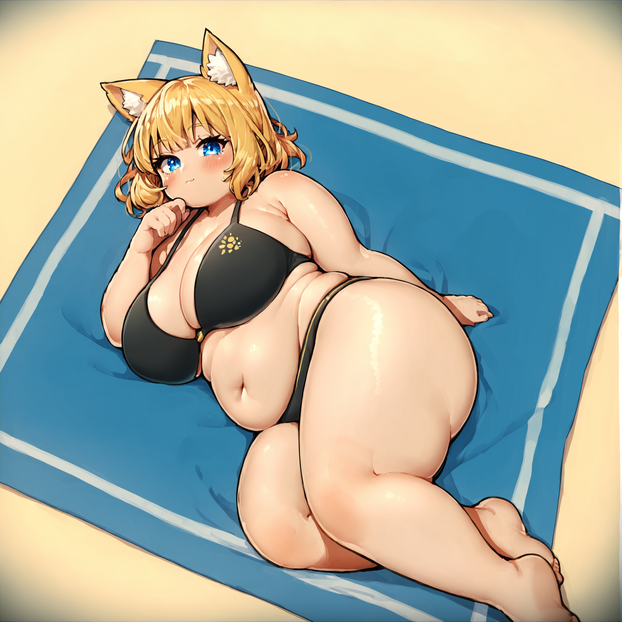 (masterpiece), best quality, (highly detailed), score_9, score_8_up, score_7_up, score_6_up, score_5_up, 1female, solo, <lora:Ichika_style:0.8>, beach, chubby, big breasts, yellow cat ears, black bikini, blonde hair, blue eyes, lying on side, beach towel,
