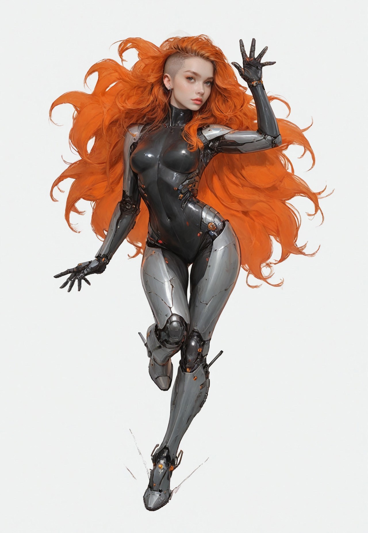 safe_pos, ((Orange hair, shaved sides with long top, metallic exosuit, cybernetically enhanced soldier)), cinematic composition, (stunning), full body shot, masterpiece,best quality, (highly detailed), score_9, score_8_up, score_7_up, score_6_up, source_cartoon, 
BREAK, 1girl, ((extremely beautiful, 21yo, perfect detailed eyes, medium breasts, slender body, curvy)), model pose, pin-up pose, (tall), perfect composition, cute, very pretty, ((feminine)), cute seductive expression, luscious lips, incredible cute make-up, goosebumps, freckles, gentle,
BREAK, ((Simple plain white Background))