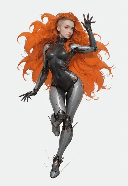 safe_pos, ((Orange hair, shaved sides with long top, metallic exosuit, cybernetically enhanced soldier)), cinematic composition, (stunning), full body shot, masterpiece,best quality, (highly detailed), score_9, score_8_up, score_7_up, score_6_up, source_cartoon,
BREAK, 1girl, ((extremely beautiful, 21yo, perfect detailed eyes, medium breasts, slender body, curvy)), model pose, pin-up pose, (tall), perfect composition, cute, very pretty, ((feminine)), cute seductive expression, luscious lips, incredible cute make-up, goosebumps, freckles, gentle,
BREAK, ((Simple plain white Background))