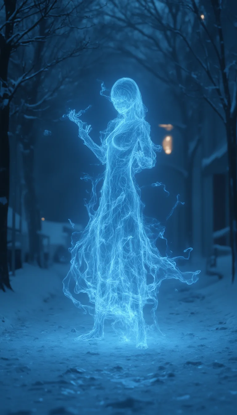bailing_fire,
A girl **** entirely of flames stands,In the midst of a cold, moonlit night, a girl **** entirely of flickering azure flames stands in the distance. Her ghostly form glows softly, illuminating the snowy landscape with an ethereal blue light. The translucent flames that make up her body move slowly, as if dancing in the gentle winter breeze. Against the minimalist background of barren trees and snow-covered ground, she appears otherworldly, casting long shadows in the frost. The contrast between her eerie glow and the frozen world around her enhances the haunting, surreal