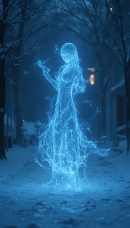 bailing_fire,
A girl **** entirely of flames stands,In the midst of a cold, moonlit night, a girl **** entirely of flickering azure flames stands in the distance. Her ghostly form glows softly, illuminating the snowy landscape with an ethereal blue light. The translucent flames that make up her body move slowly, as if dancing in the gentle winter breeze. Against the minimalist background of barren trees and snow-covered ground, she appears otherworldly, casting long shadows in the frost. The contrast between her eerie glow and the frozen world around her enhances the haunting, surreal