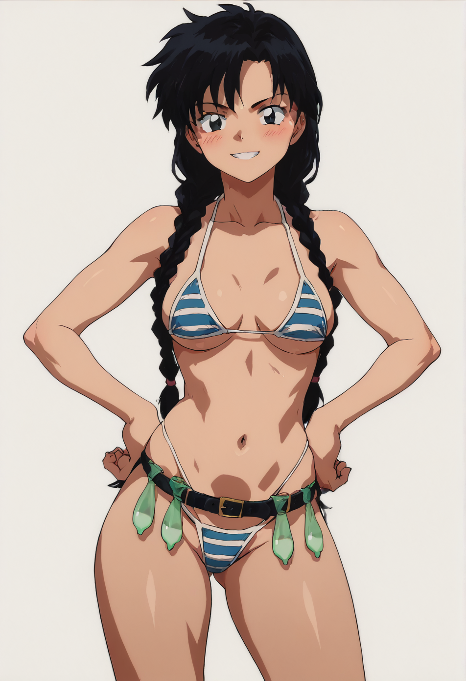 1 girl,  view from front, 
standing, hands on own hips, 
looking at the viewer, smile, blush,
braid, long hair, black hair,
medium breasts, narrow waists, wide hips,
striped bikini, string bikini, 
condom belt, 
white background, simple background,
 <lora:Concept_XL_Pony_Condom_Belt:1> <lora:1nuXLP:1> 1nu, score_9, score_8_up, score_7_up, score_6_up, score_5_up, score_4_up,
