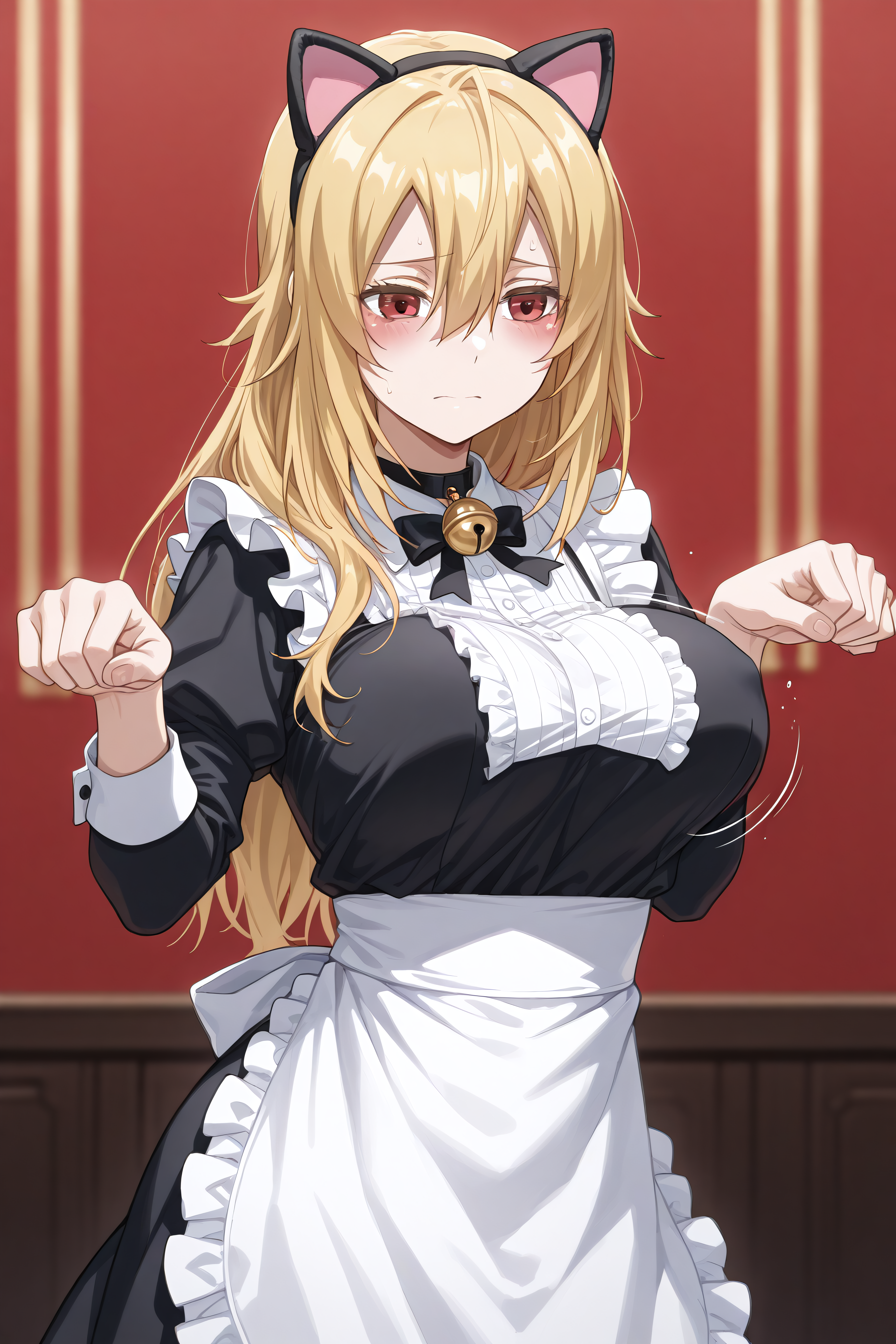 masterpiece, best quality, <lora:Angelica Rapha Redgrave-Illustrious-lora-Faxtron:1> angelica, red eyes, blonde hair, long hair, hair between eyes, large breasts, cosplay, <lora:sad-cat-dance-ponyxl-lora-nochekaiser:1> sad cat dance, sad cat dance (meme), dancing, paw pose, palms together, bouncing breasts, neck bell, cat ear hairband, fake animal ears,,