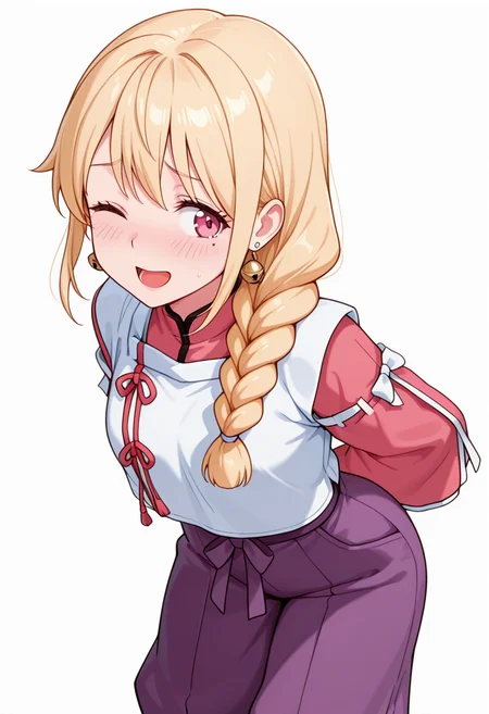 masterpiece,high quality details, absurdres,
<lora:Yuriko:0.8>
yuriko_cnr, 1girl, blonde hair, long hair, single braid, pink eyes, mole, mole under eye,earrings,, simple background, white background, dynamic angle,solo,, embarrassed,scared,, ;d,, bent forward at waist,slight torso twist,calm demeanor,, unitard ,kariginu,bell-bottom pants, ,var-legwear,