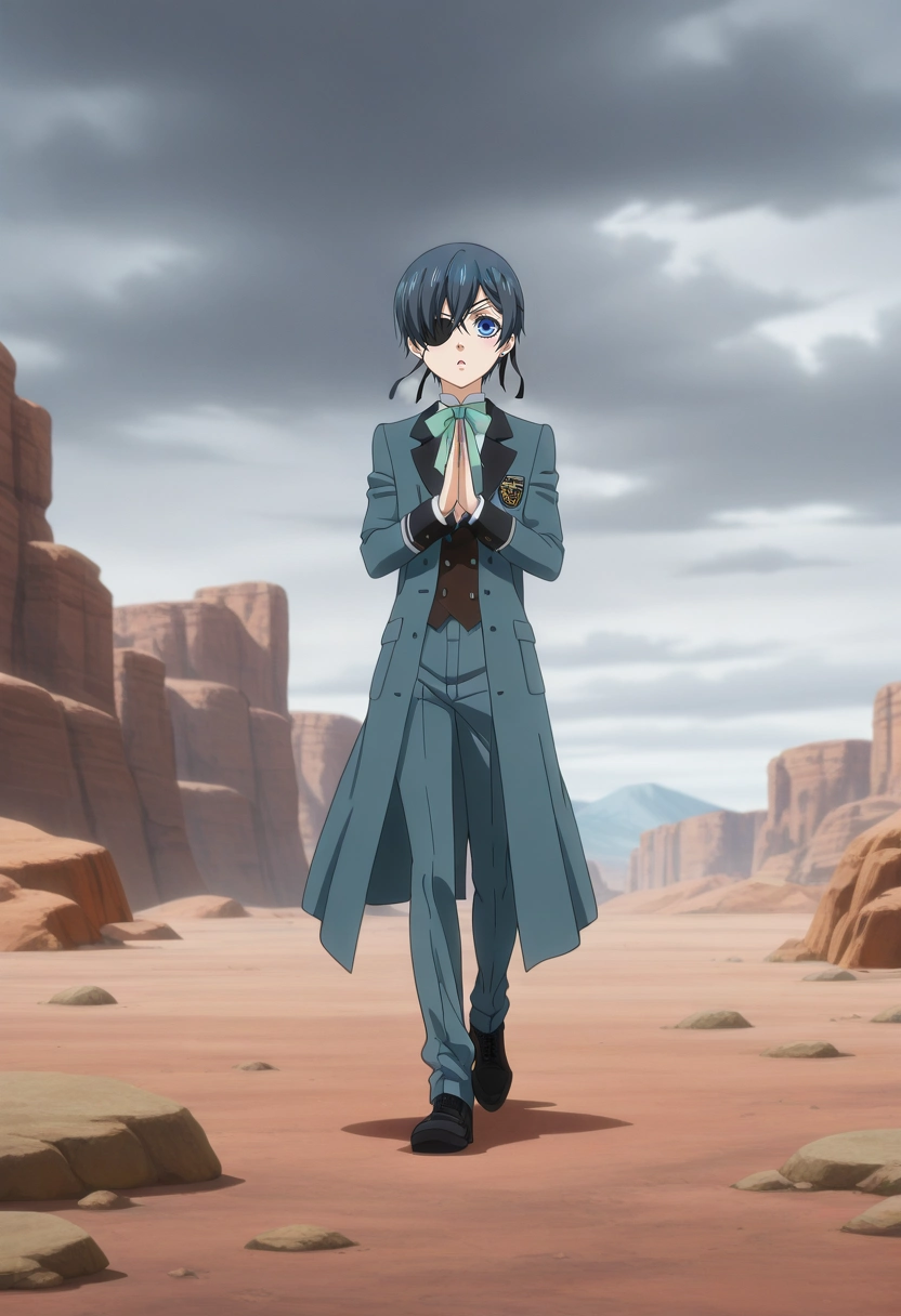 masterpiece, best quality, , anime screencap, anime coloring, , , 1boy, solo, male focus, <lora:ciel_phantomhive_ilxl:0.9>, ciel_phantomhive, black hair, blue eyes, short hair, eyepatch, Petra, Jordan, sandstone canyon, ancient stone city, walking pose, curious expression, overcast light,