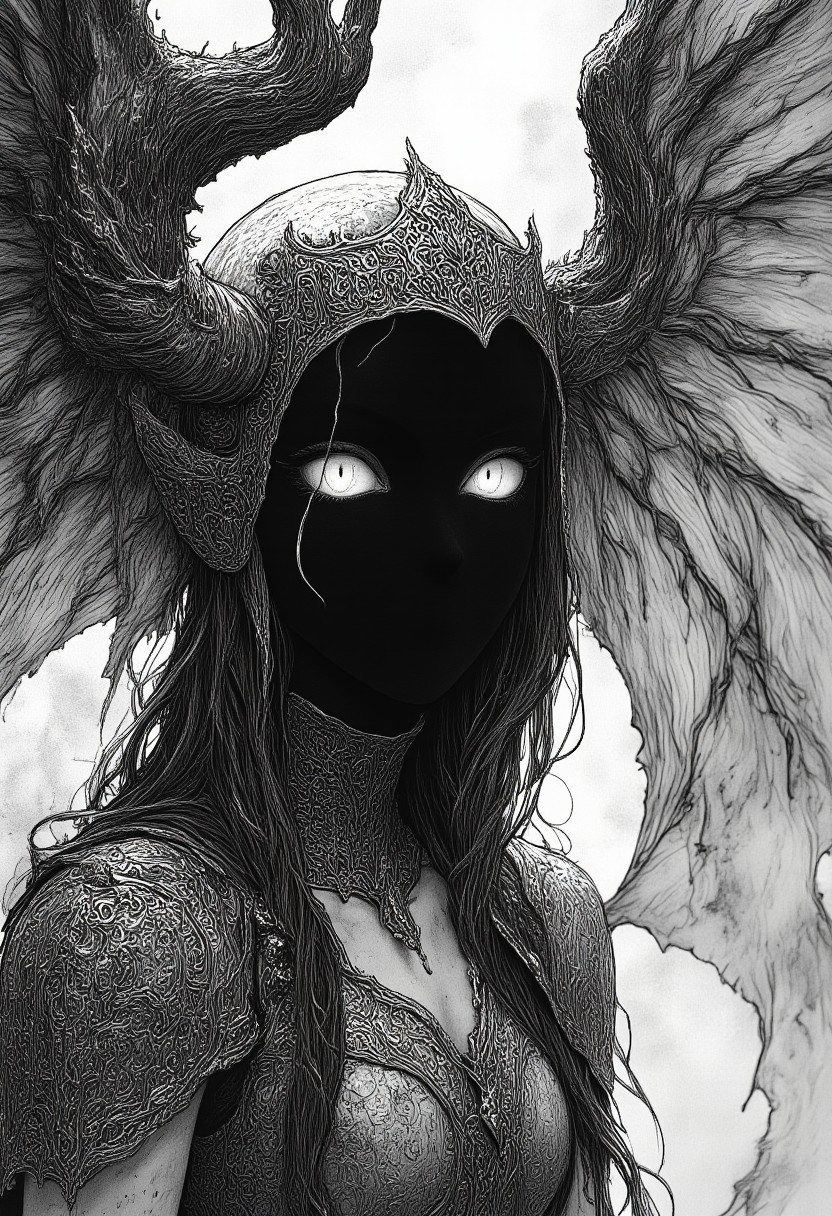 nistyle, A gritty Manga Sketch Showing an hkevil spectral haunting shadow girl, a horned goddess of war with armored pauldron, Cleavage, Busty, billowing Aura, hood, shaded eyes, black skin, amazing Details, high Quality and hyperdetailed realistic, volumetric lighting, Studio Ghibli Dark Fairytale
