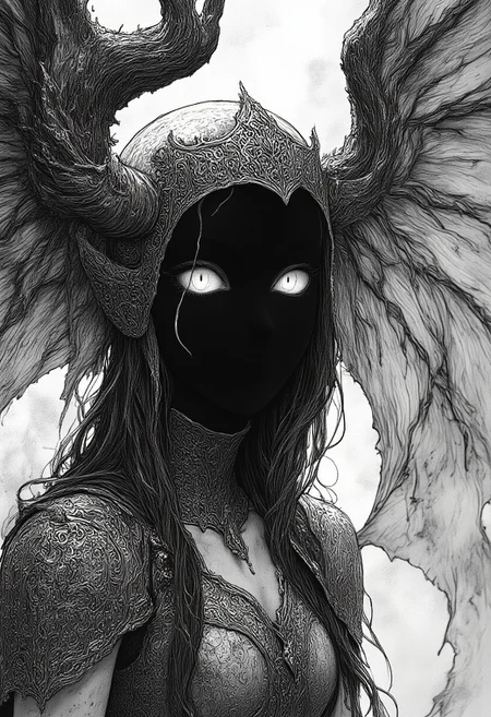 nistyle, A gritty Manga Sketch Showing an hkevil spectral haunting shadow girl, a horned goddess of war with armored pauldron, Cleavage, Busty, billowing Aura, hood, shaded eyes, black skin, amazing Details, high Quality and hyperdetailed realistic, volumetric lighting, Studio Ghibli Dark Fairytale