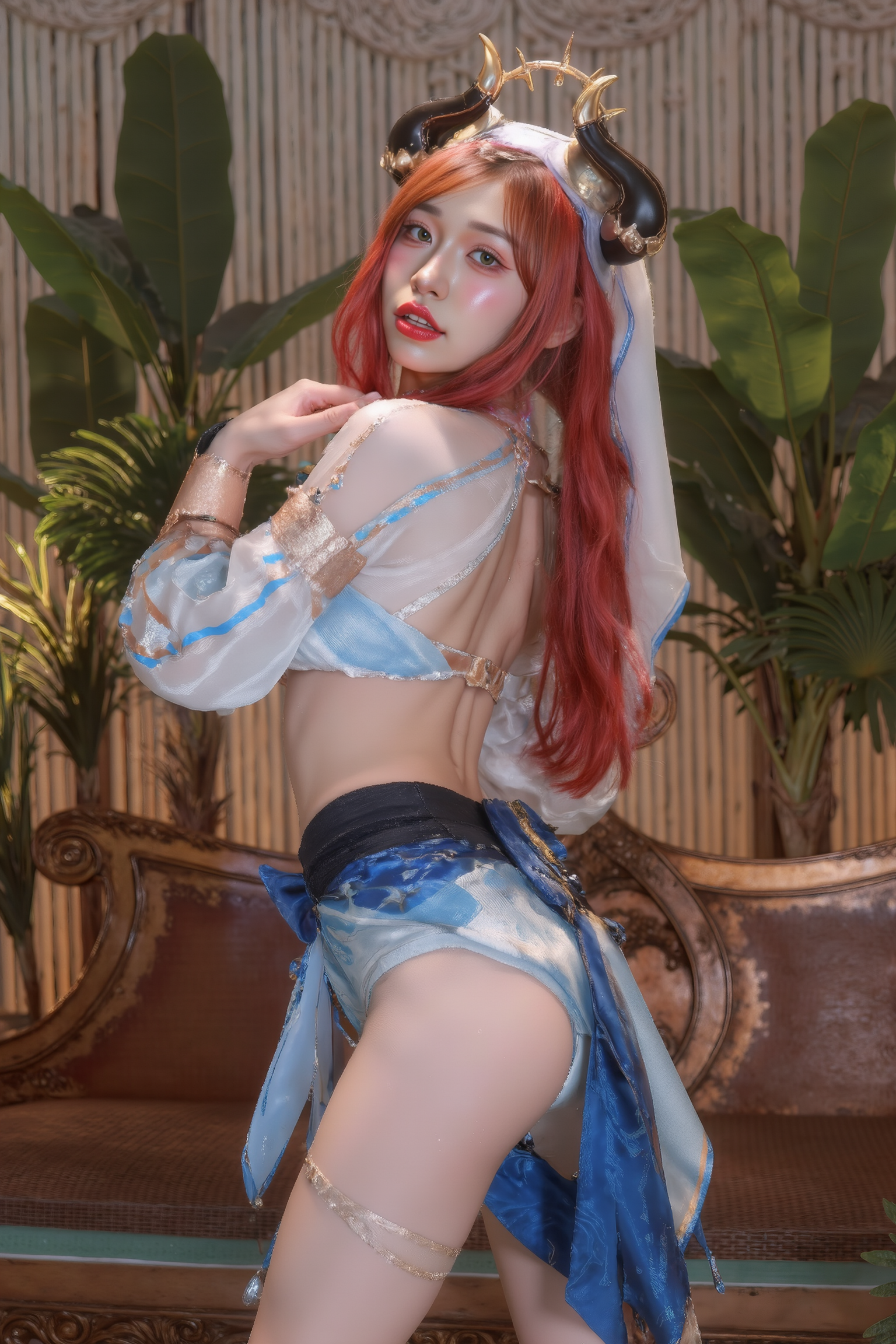 A professional, high-resolution image of a young woman in an elegant twisting pose, with her back partially to the camera and head turned over her shoulder. This sophisticated position creates a beautiful S-curve through the spine while defining the waistline and showcasing the profile of the face in a flattering manner.

She is wearing a blue and white SGWN59Clothing with horns. Her makeup is dramatic, with dark eyeliner and bold, glossy pink lips. 

The lighting features a high-contrast, monochromatic white color scheme that creates a moody, intimate atmosphere. 

The photography technique uses what appears to be soft lighting to create a glamorous effect, with careful attention to highlighting contours while maintaining the dominant light brown color scheme throughout the frame.

The overall aesthetic combines elements of fashion photography, traditional Asian visual motifs, and contemporary boudoir styling. The dramatic light brown lighting creates a cohesive visual theme that ties all elements of the composition together.

The white light emit on her to show her feature.