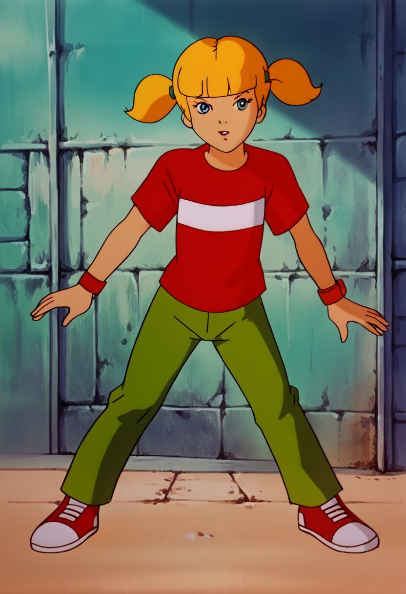 score_9, score_8_up, score_7_up, solo, cowboy shot, 1girl, female focus, SD90style, retro artstyle, source_cartoon, 2D, penny \(inspector gadget\), solo,blonde hair, twintails, blunt bangs, blue eyes, flat chest, full body, red shirt, red shirt, striped shirt, stripe, white stripe, green pants, reinforced knee, wristwatch, reinforced knee, shoes