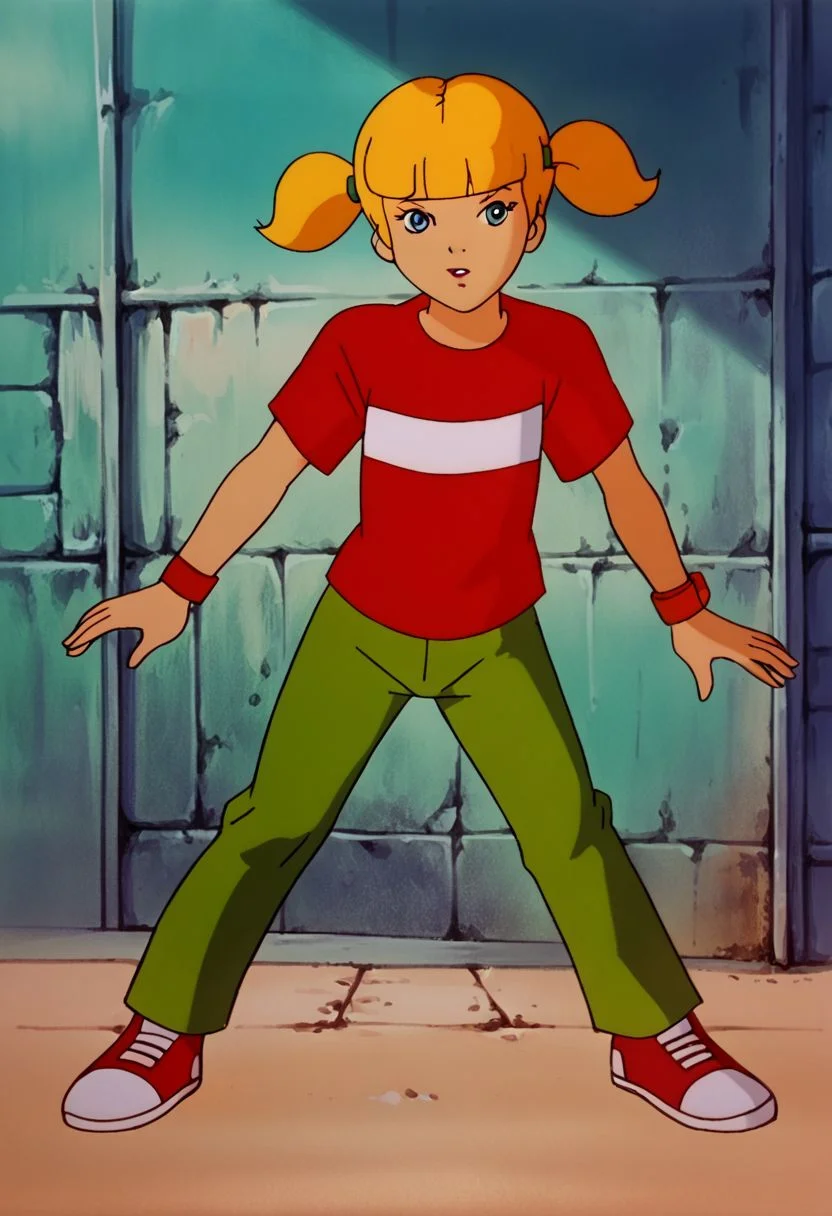 score_9, score_8_up, score_7_up, solo, cowboy shot, 1girl, female focus, SD90style, retro artstyle, source_cartoon, 2D, penny \(inspector gadget\), solo,blonde hair, twintails, blunt bangs, blue eyes, flat chest, full body, red shirt, red shirt, striped shirt, stripe, white stripe, green pants, reinforced knee, wristwatch, reinforced knee, shoes