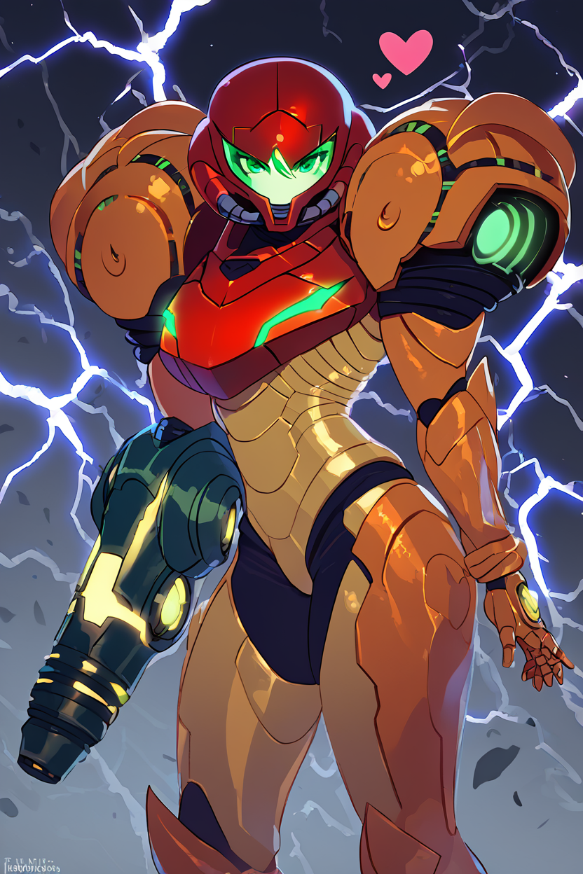 score_9, score_8_up, score_8, medium breasts, (curvy),   ,,, , ,,, zzSamus, varia suit, arm cannon, shoulder armor, pauldrons, armor, neon trim,  visor (armor), full armor,  <lora:SamusVariaSuit_PDXL:1.0>,     dynamic pose, side view, lightning,  ,,,, BREAK, smile, looking at viewer, cowboy shot, ,,, embedding:zPDXL, Expressiveh, ,,, <lora:Zankuro_Style_PDXL:0.8> <lora:SDXLFaeTastic2400:0.5>, <lora:Expressive_H-000001:0.4>,